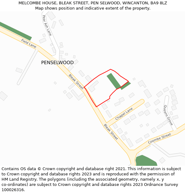 MELCOMBE HOUSE, BLEAK STREET, PEN SELWOOD, WINCANTON, BA9 8LZ: Location map and indicative extent of plot