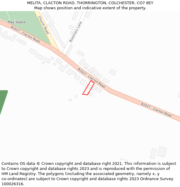 MELITA, CLACTON ROAD, THORRINGTON, COLCHESTER, CO7 8EY: Location map and indicative extent of plot