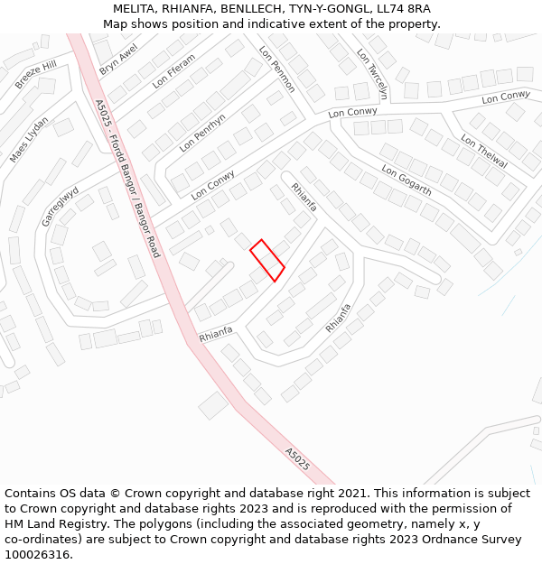 MELITA, RHIANFA, BENLLECH, TYN-Y-GONGL, LL74 8RA: Location map and indicative extent of plot