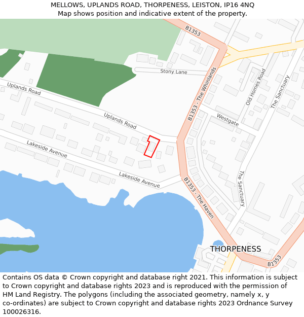 MELLOWS, UPLANDS ROAD, THORPENESS, LEISTON, IP16 4NQ: Location map and indicative extent of plot