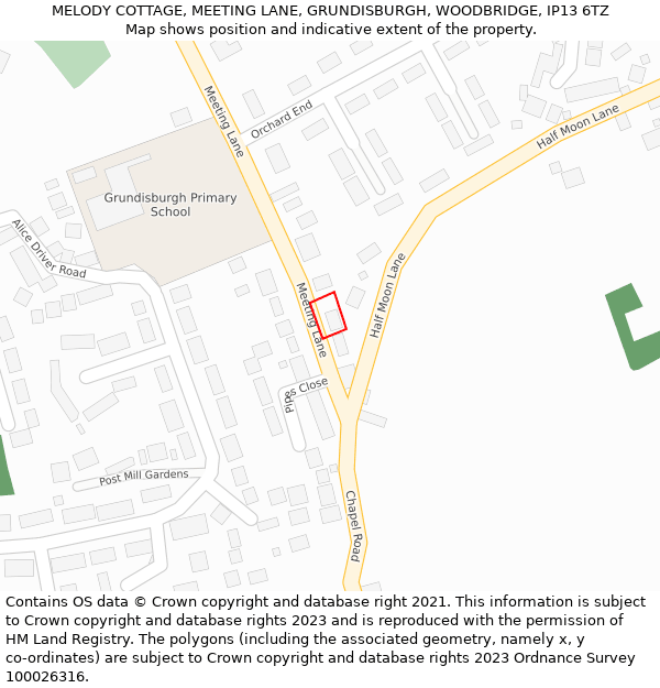 MELODY COTTAGE, MEETING LANE, GRUNDISBURGH, WOODBRIDGE, IP13 6TZ: Location map and indicative extent of plot