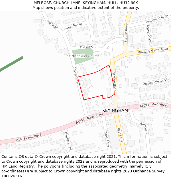 MELROSE, CHURCH LANE, KEYINGHAM, HULL, HU12 9SX: Location map and indicative extent of plot
