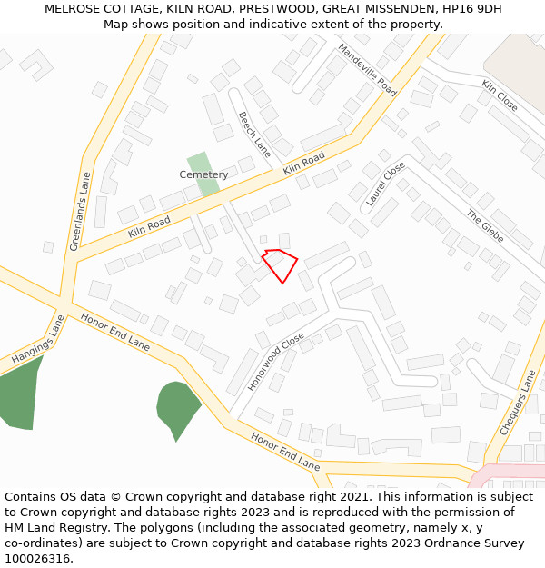MELROSE COTTAGE, KILN ROAD, PRESTWOOD, GREAT MISSENDEN, HP16 9DH: Location map and indicative extent of plot