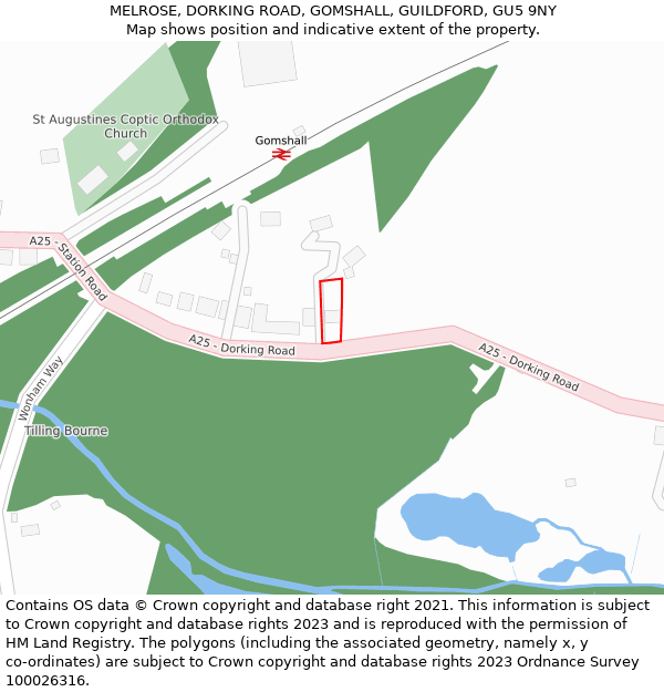 MELROSE, DORKING ROAD, GOMSHALL, GUILDFORD, GU5 9NY: Location map and indicative extent of plot