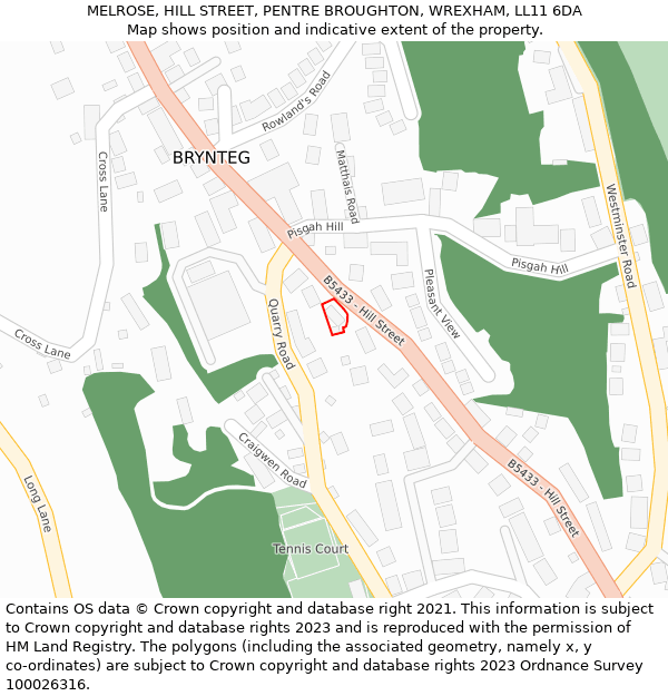 MELROSE, HILL STREET, PENTRE BROUGHTON, WREXHAM, LL11 6DA: Location map and indicative extent of plot