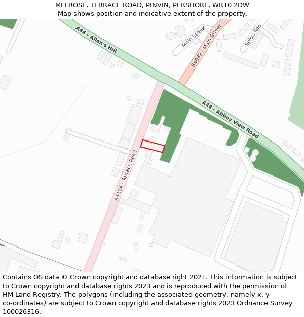 MELROSE, TERRACE ROAD, PINVIN, PERSHORE, WR10 2DW: Location map and indicative extent of plot