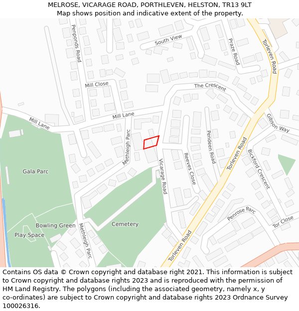 MELROSE, VICARAGE ROAD, PORTHLEVEN, HELSTON, TR13 9LT: Location map and indicative extent of plot