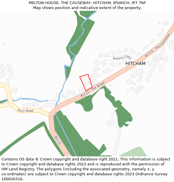 MELTON HOUSE, THE CAUSEWAY, HITCHAM, IPSWICH, IP7 7NF: Location map and indicative extent of plot