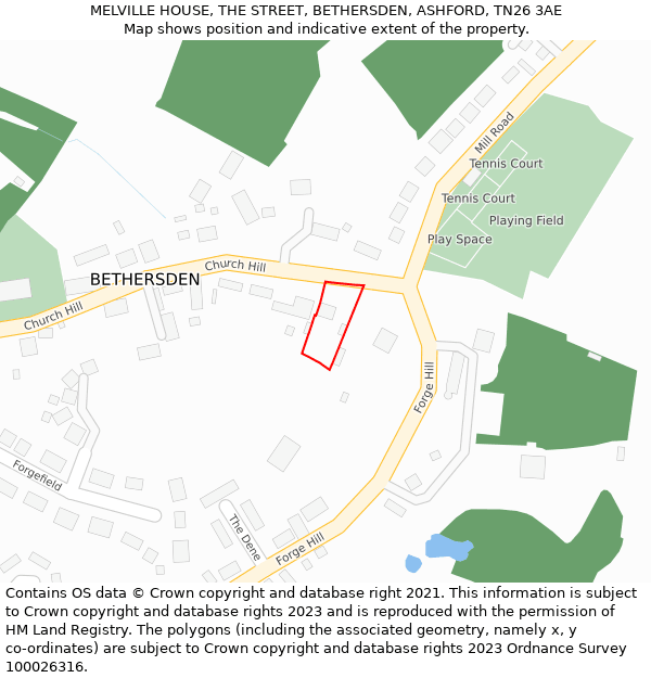 MELVILLE HOUSE, THE STREET, BETHERSDEN, ASHFORD, TN26 3AE: Location map and indicative extent of plot