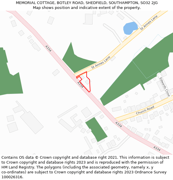 MEMORIAL COTTAGE, BOTLEY ROAD, SHEDFIELD, SOUTHAMPTON, SO32 2JG: Location map and indicative extent of plot