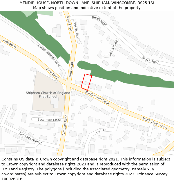 MENDIP HOUSE, NORTH DOWN LANE, SHIPHAM, WINSCOMBE, BS25 1SL: Location map and indicative extent of plot