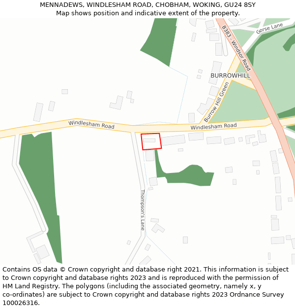 MENNADEWS, WINDLESHAM ROAD, CHOBHAM, WOKING, GU24 8SY: Location map and indicative extent of plot