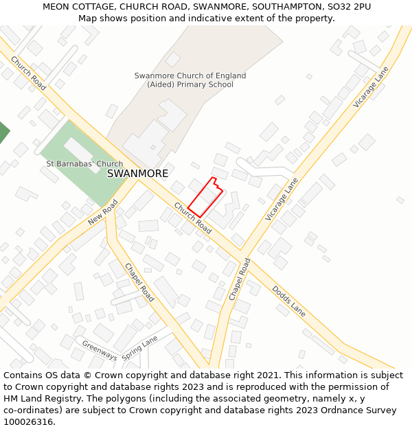 MEON COTTAGE, CHURCH ROAD, SWANMORE, SOUTHAMPTON, SO32 2PU: Location map and indicative extent of plot