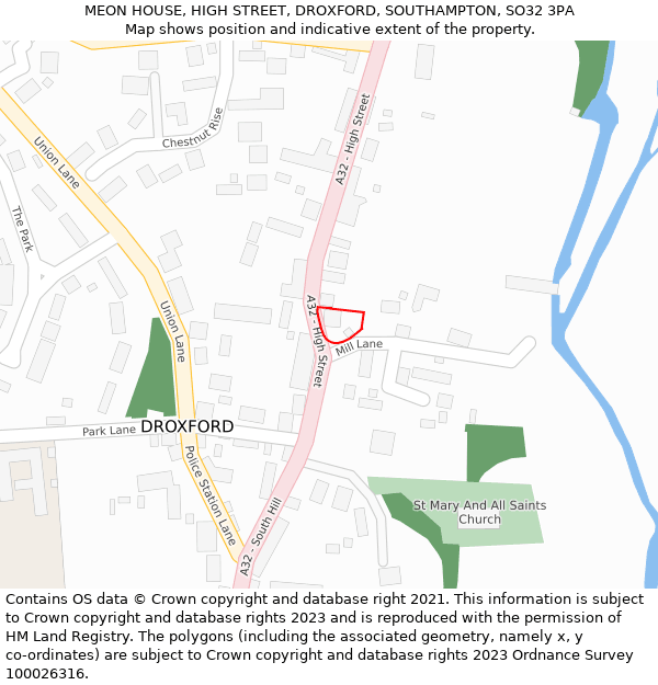 MEON HOUSE, HIGH STREET, DROXFORD, SOUTHAMPTON, SO32 3PA: Location map and indicative extent of plot