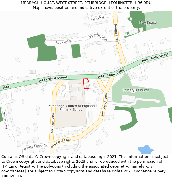MERBACH HOUSE, WEST STREET, PEMBRIDGE, LEOMINSTER, HR6 9DU: Location map and indicative extent of plot