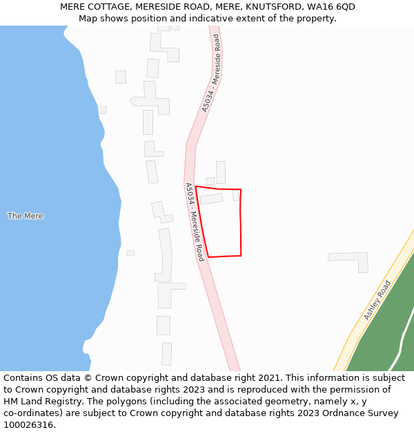 MERE COTTAGE, MERESIDE ROAD, MERE, KNUTSFORD, WA16 6QD: Location map and indicative extent of plot