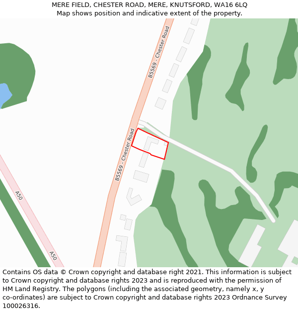 MERE FIELD, CHESTER ROAD, MERE, KNUTSFORD, WA16 6LQ: Location map and indicative extent of plot