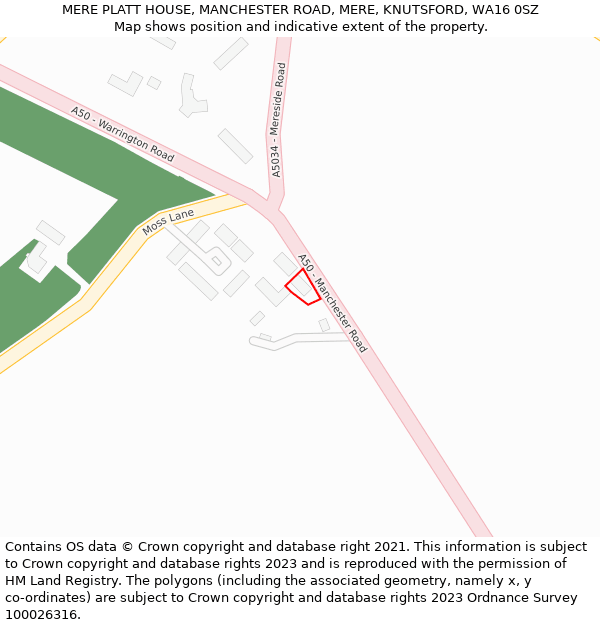 MERE PLATT HOUSE, MANCHESTER ROAD, MERE, KNUTSFORD, WA16 0SZ: Location map and indicative extent of plot