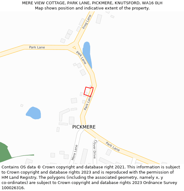 MERE VIEW COTTAGE, PARK LANE, PICKMERE, KNUTSFORD, WA16 0LH: Location map and indicative extent of plot