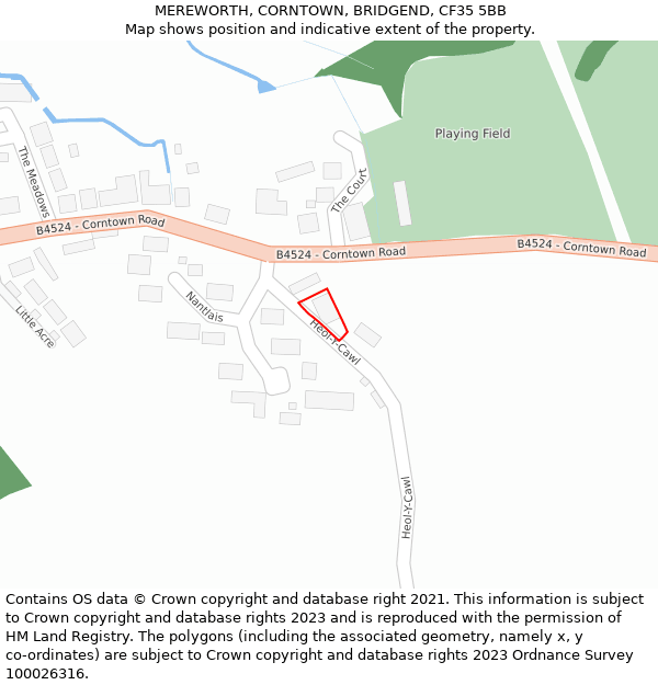 MEREWORTH, CORNTOWN, BRIDGEND, CF35 5BB: Location map and indicative extent of plot