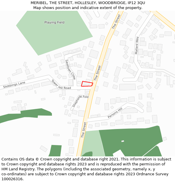 MERIBEL, THE STREET, HOLLESLEY, WOODBRIDGE, IP12 3QU: Location map and indicative extent of plot