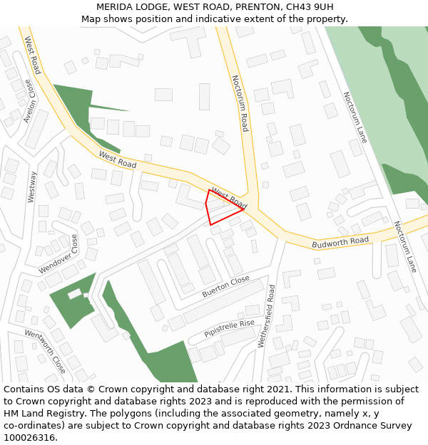 MERIDA LODGE, WEST ROAD, PRENTON, CH43 9UH: Location map and indicative extent of plot