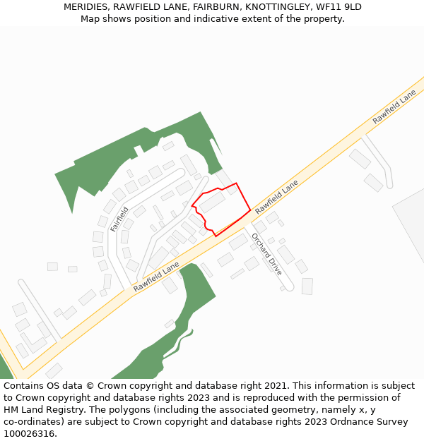 MERIDIES, RAWFIELD LANE, FAIRBURN, KNOTTINGLEY, WF11 9LD: Location map and indicative extent of plot