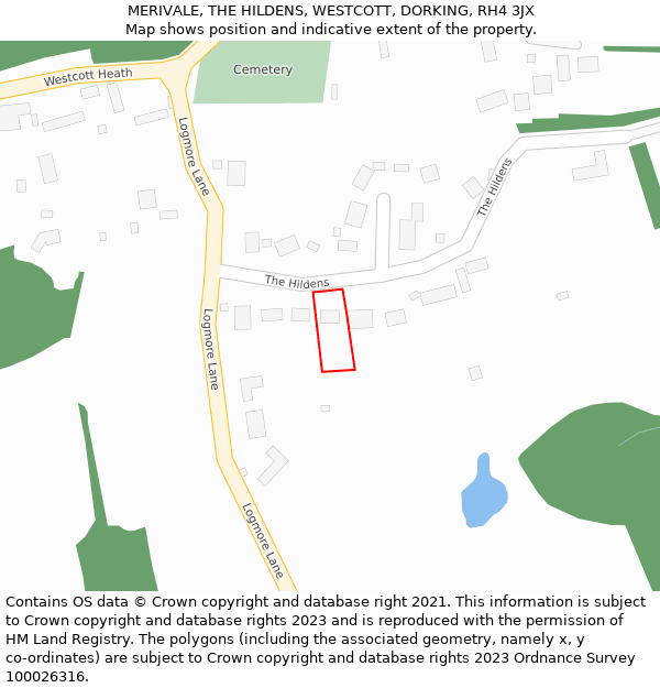 MERIVALE, THE HILDENS, WESTCOTT, DORKING, RH4 3JX: Location map and indicative extent of plot