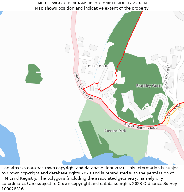 MERLE WOOD, BORRANS ROAD, AMBLESIDE, LA22 0EN: Location map and indicative extent of plot
