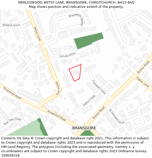 MERLESWOOD, BETSY LANE, BRANSGORE, CHRISTCHURCH, BH23 8AQ: Location map and indicative extent of plot