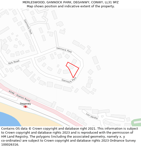 MERLESWOOD, GANNOCK PARK, DEGANWY, CONWY, LL31 9PZ: Location map and indicative extent of plot