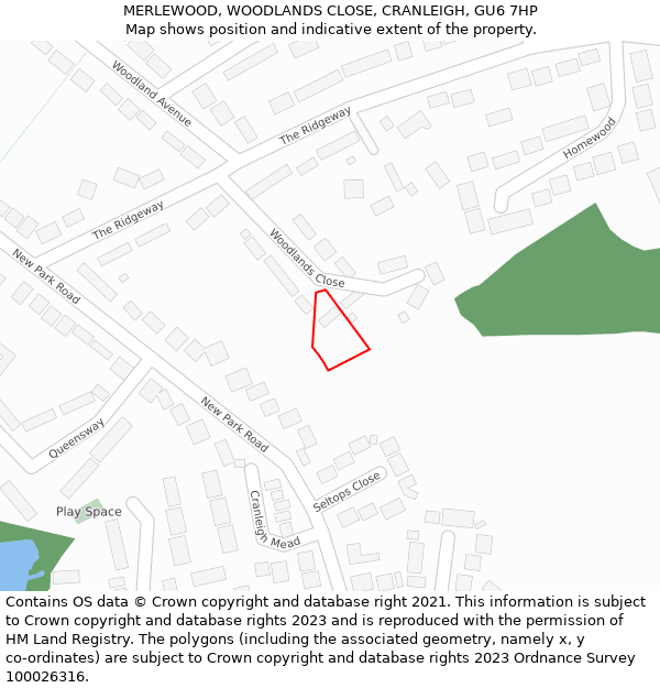 MERLEWOOD, WOODLANDS CLOSE, CRANLEIGH, GU6 7HP: Location map and indicative extent of plot