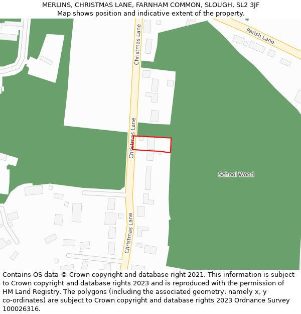 MERLINS, CHRISTMAS LANE, FARNHAM COMMON, SLOUGH, SL2 3JF: Location map and indicative extent of plot