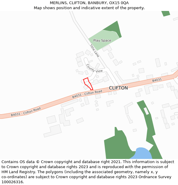MERLINS, CLIFTON, BANBURY, OX15 0QA: Location map and indicative extent of plot