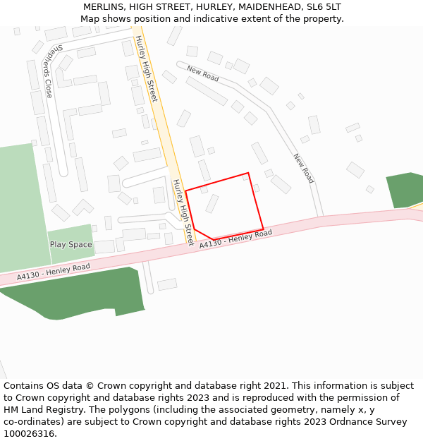 MERLINS, HIGH STREET, HURLEY, MAIDENHEAD, SL6 5LT: Location map and indicative extent of plot
