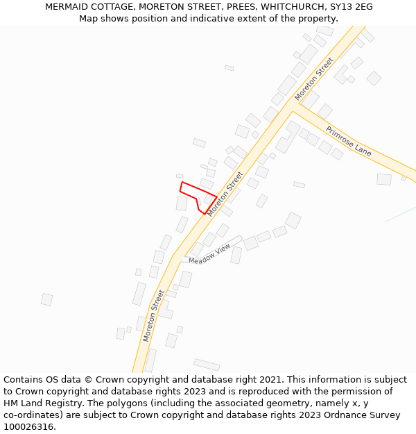 MERMAID COTTAGE, MORETON STREET, PREES, WHITCHURCH, SY13 2EG: Location map and indicative extent of plot