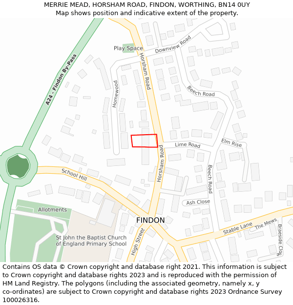 MERRIE MEAD, HORSHAM ROAD, FINDON, WORTHING, BN14 0UY: Location map and indicative extent of plot