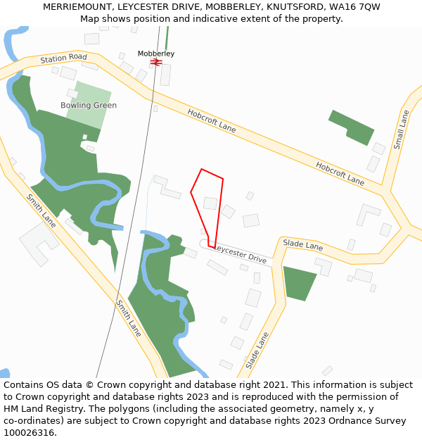 MERRIEMOUNT, LEYCESTER DRIVE, MOBBERLEY, KNUTSFORD, WA16 7QW: Location map and indicative extent of plot