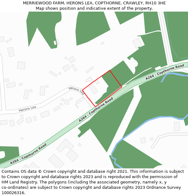 MERRIEWOOD FARM, HERONS LEA, COPTHORNE, CRAWLEY, RH10 3HE: Location map and indicative extent of plot