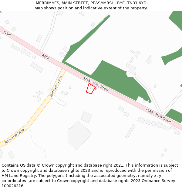 MERRIMAES, MAIN STREET, PEASMARSH, RYE, TN31 6YD: Location map and indicative extent of plot