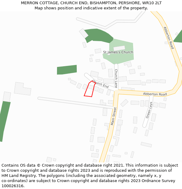 MERRON COTTAGE, CHURCH END, BISHAMPTON, PERSHORE, WR10 2LT: Location map and indicative extent of plot
