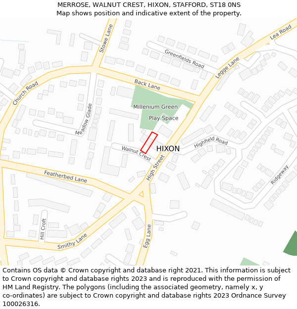 MERROSE, WALNUT CREST, HIXON, STAFFORD, ST18 0NS: Location map and indicative extent of plot