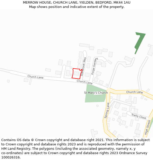 MERROW HOUSE, CHURCH LANE, YIELDEN, BEDFORD, MK44 1AU: Location map and indicative extent of plot