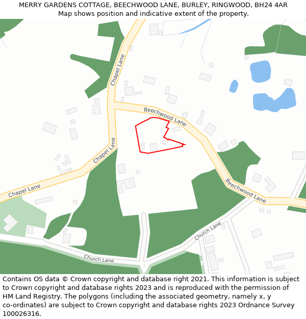 MERRY GARDENS COTTAGE, BEECHWOOD LANE, BURLEY, RINGWOOD, BH24 4AR: Location map and indicative extent of plot