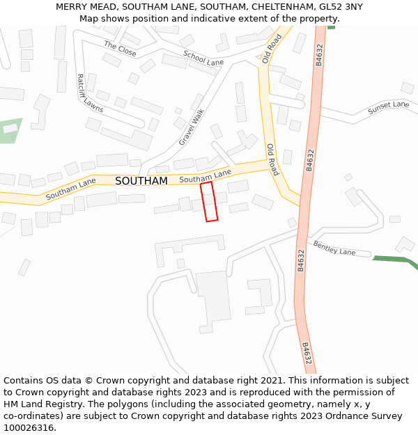 MERRY MEAD, SOUTHAM LANE, SOUTHAM, CHELTENHAM, GL52 3NY: Location map and indicative extent of plot