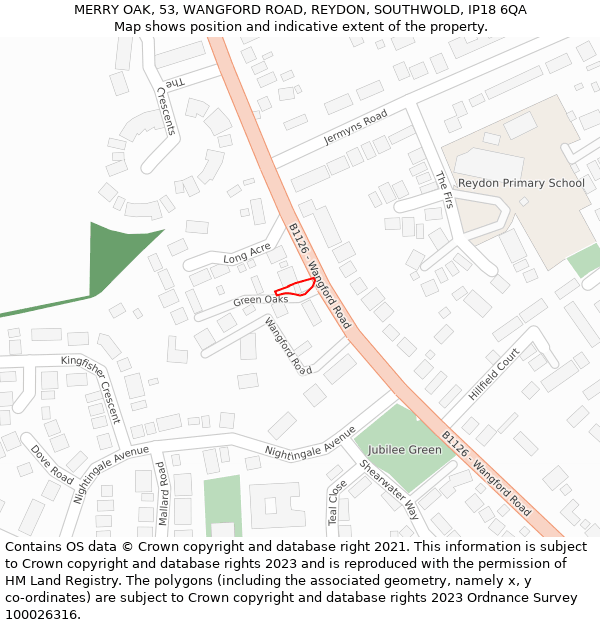 MERRY OAK, 53, WANGFORD ROAD, REYDON, SOUTHWOLD, IP18 6QA: Location map and indicative extent of plot