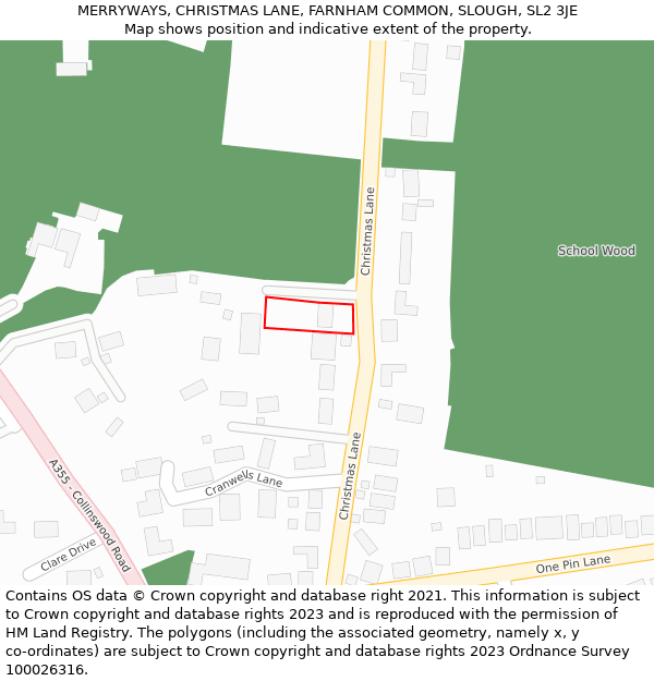 MERRYWAYS, CHRISTMAS LANE, FARNHAM COMMON, SLOUGH, SL2 3JE: Location map and indicative extent of plot