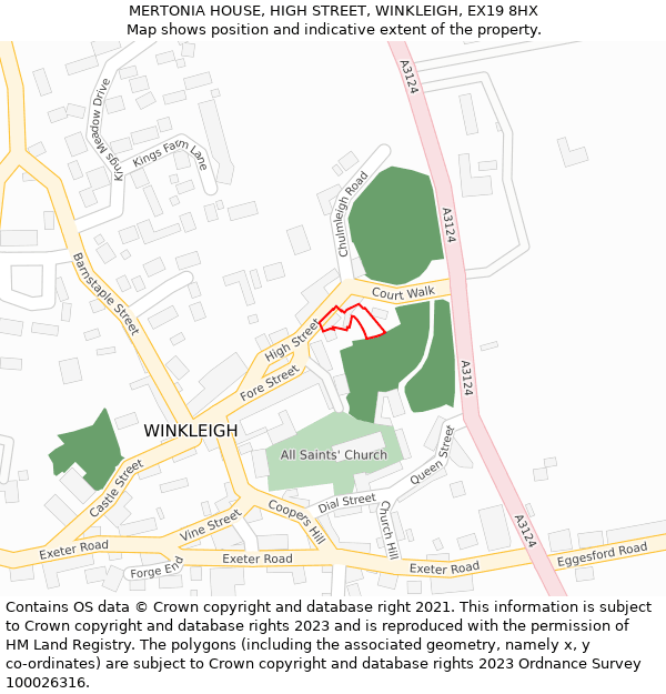 MERTONIA HOUSE, HIGH STREET, WINKLEIGH, EX19 8HX: Location map and indicative extent of plot