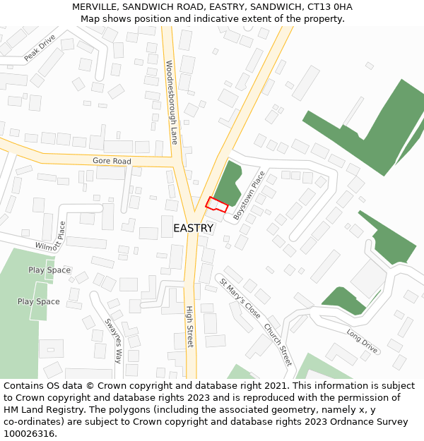 MERVILLE, SANDWICH ROAD, EASTRY, SANDWICH, CT13 0HA: Location map and indicative extent of plot