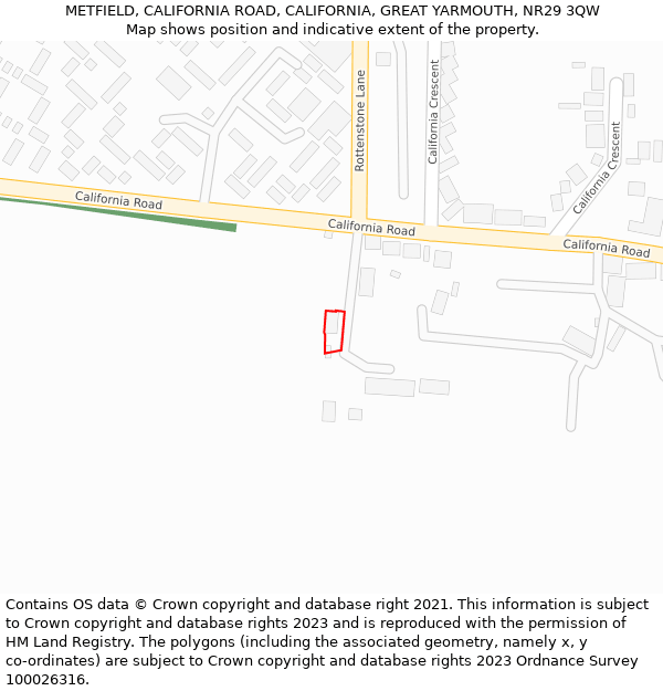 METFIELD, CALIFORNIA ROAD, CALIFORNIA, GREAT YARMOUTH, NR29 3QW: Location map and indicative extent of plot